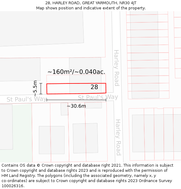 28, HARLEY ROAD, GREAT YARMOUTH, NR30 4JT: Plot and title map
