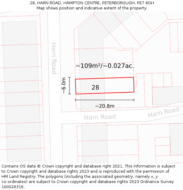 28, HARN ROAD, HAMPTON CENTRE, PETERBOROUGH, PE7 8GH: Plot and title map