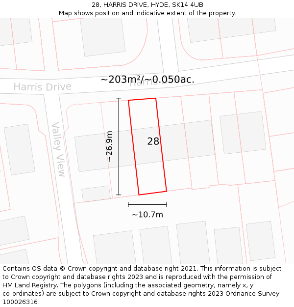 28, HARRIS DRIVE, HYDE, SK14 4UB: Plot and title map