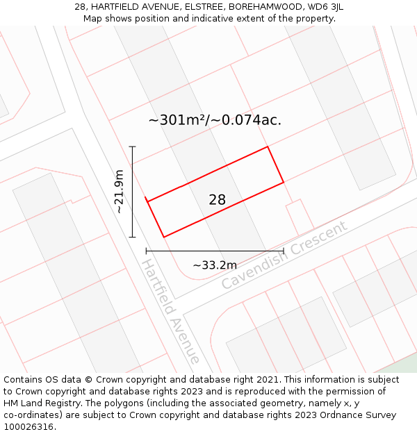 28, HARTFIELD AVENUE, ELSTREE, BOREHAMWOOD, WD6 3JL: Plot and title map