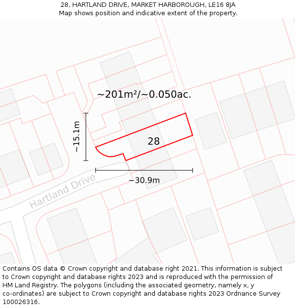 28, HARTLAND DRIVE, MARKET HARBOROUGH, LE16 8JA: Plot and title map