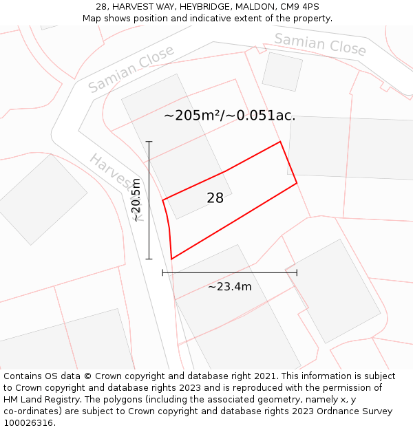 28, HARVEST WAY, HEYBRIDGE, MALDON, CM9 4PS: Plot and title map