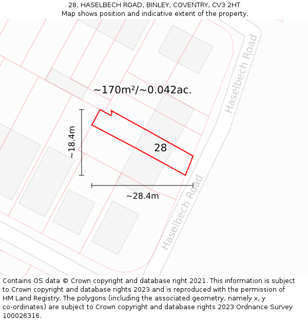 28, HASELBECH ROAD, BINLEY, COVENTRY, CV3 2HT: Plot and title map