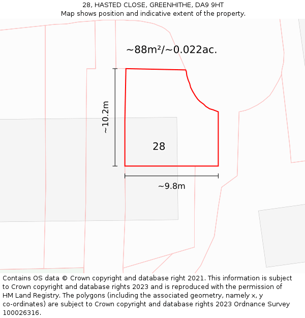 28, HASTED CLOSE, GREENHITHE, DA9 9HT: Plot and title map