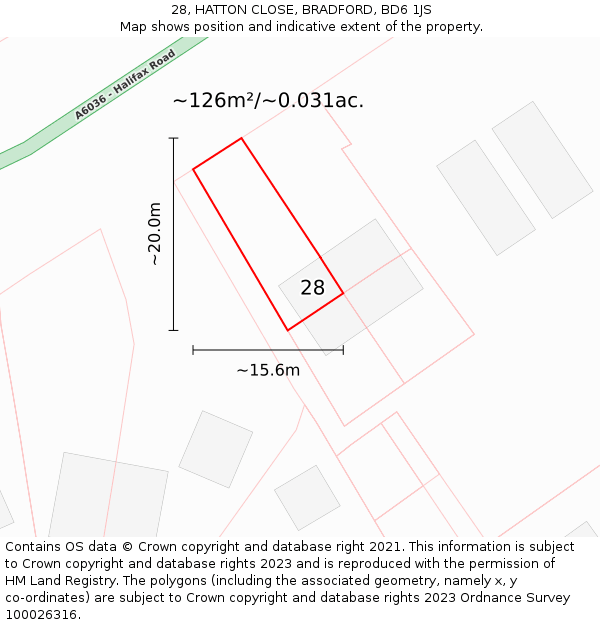 28, HATTON CLOSE, BRADFORD, BD6 1JS: Plot and title map