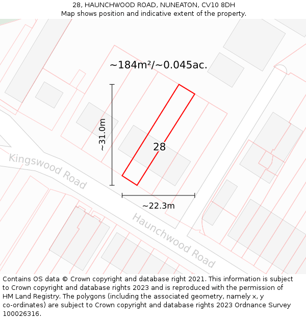 28, HAUNCHWOOD ROAD, NUNEATON, CV10 8DH: Plot and title map