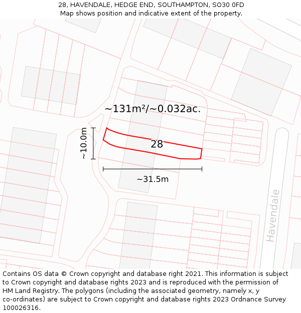 28, HAVENDALE, HEDGE END, SOUTHAMPTON, SO30 0FD: Plot and title map
