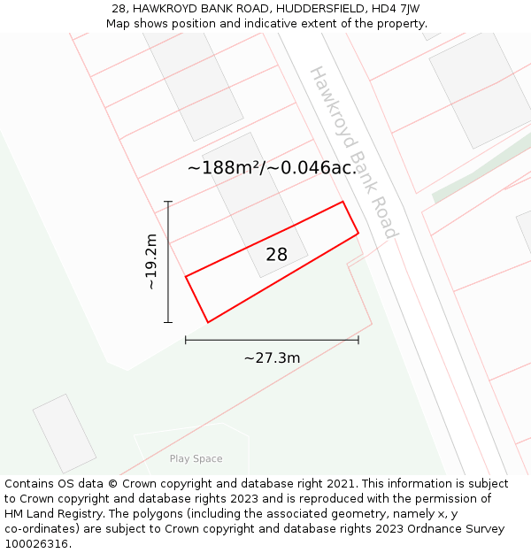 28, HAWKROYD BANK ROAD, HUDDERSFIELD, HD4 7JW: Plot and title map