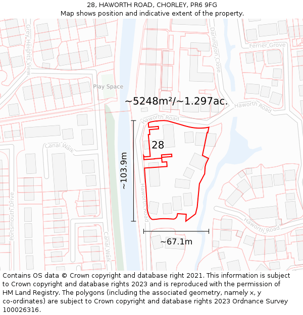 28, HAWORTH ROAD, CHORLEY, PR6 9FG: Plot and title map