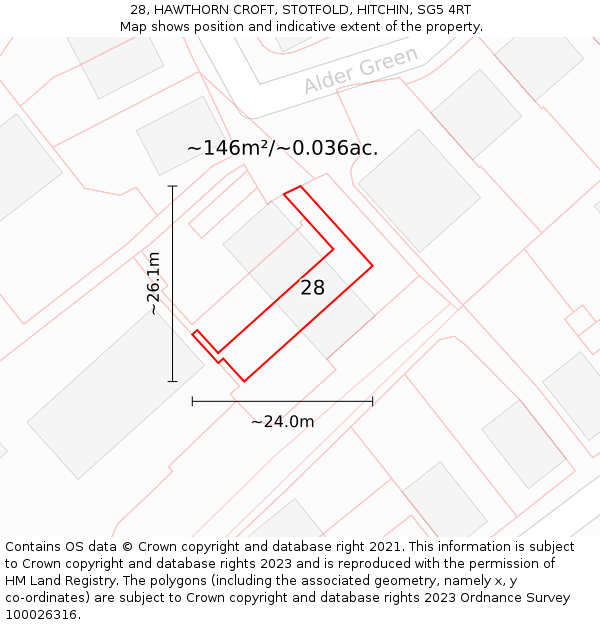 28, HAWTHORN CROFT, STOTFOLD, HITCHIN, SG5 4RT: Plot and title map