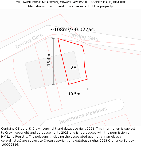 28, HAWTHORNE MEADOWS, CRAWSHAWBOOTH, ROSSENDALE, BB4 8BF: Plot and title map