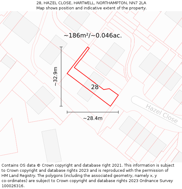 28, HAZEL CLOSE, HARTWELL, NORTHAMPTON, NN7 2LA: Plot and title map