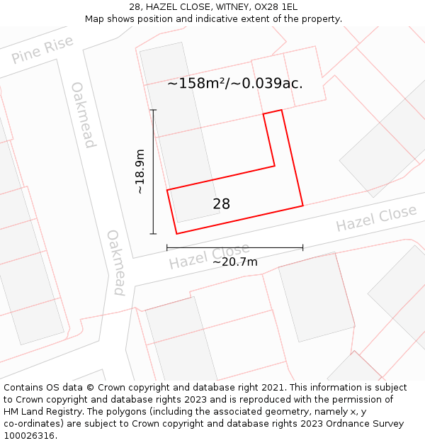 28, HAZEL CLOSE, WITNEY, OX28 1EL: Plot and title map