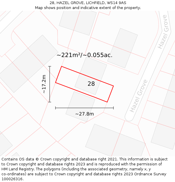 28, HAZEL GROVE, LICHFIELD, WS14 9AS: Plot and title map