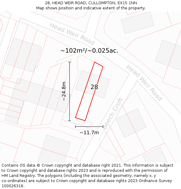 28, HEAD WEIR ROAD, CULLOMPTON, EX15 1NN: Plot and title map