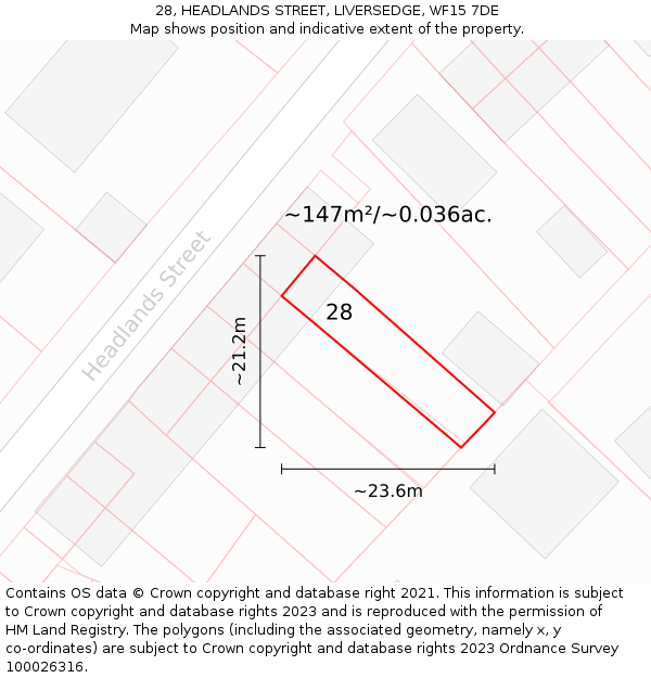 28, HEADLANDS STREET, LIVERSEDGE, WF15 7DE: Plot and title map