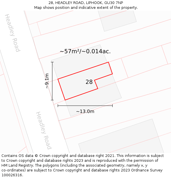 28, HEADLEY ROAD, LIPHOOK, GU30 7NP: Plot and title map