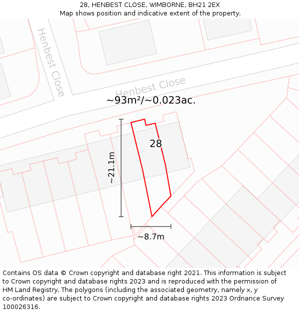 28, HENBEST CLOSE, WIMBORNE, BH21 2EX: Plot and title map