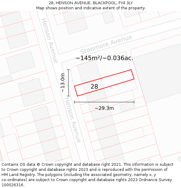 28, HENSON AVENUE, BLACKPOOL, FY4 3LY: Plot and title map