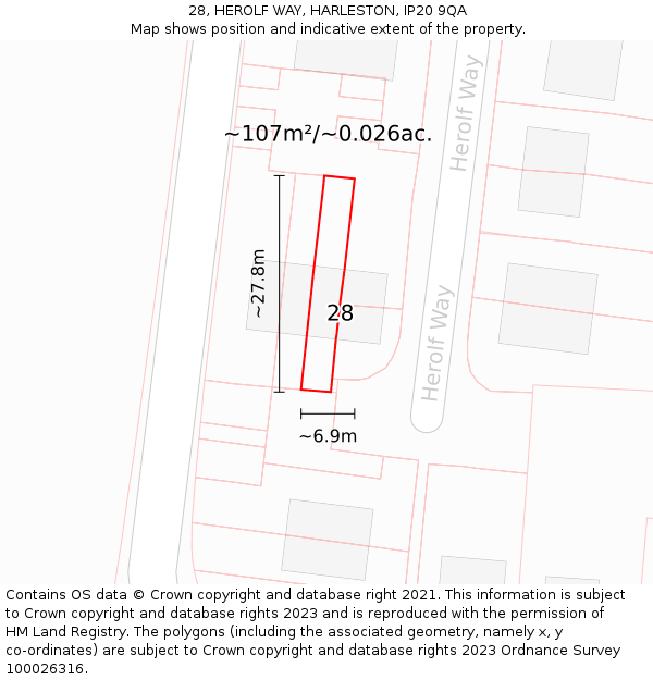 28, HEROLF WAY, HARLESTON, IP20 9QA: Plot and title map