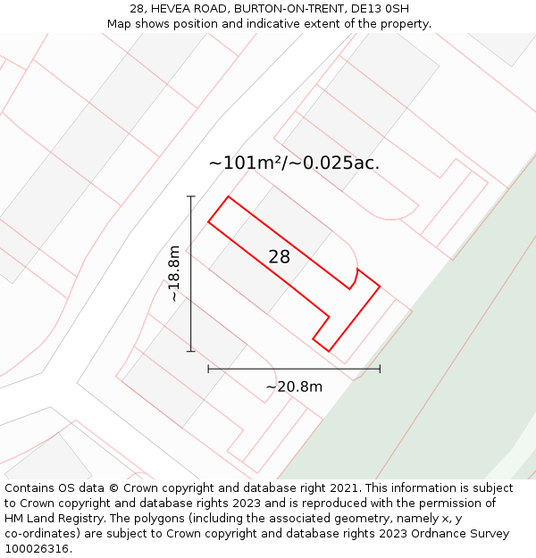 28, HEVEA ROAD, BURTON-ON-TRENT, DE13 0SH: Plot and title map