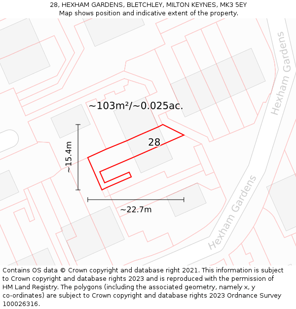 28, HEXHAM GARDENS, BLETCHLEY, MILTON KEYNES, MK3 5EY: Plot and title map