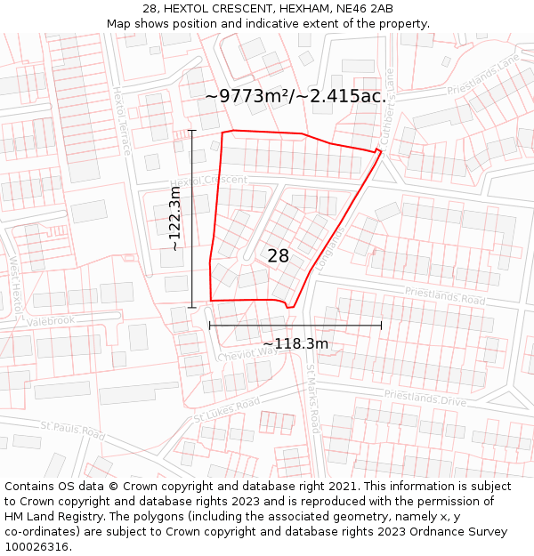 28, HEXTOL CRESCENT, HEXHAM, NE46 2AB: Plot and title map