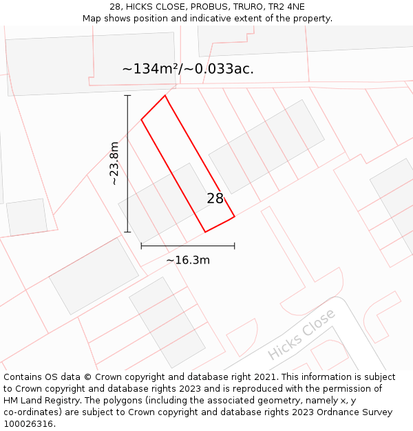 28, HICKS CLOSE, PROBUS, TRURO, TR2 4NE: Plot and title map