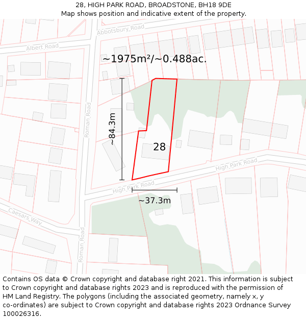 28, HIGH PARK ROAD, BROADSTONE, BH18 9DE: Plot and title map
