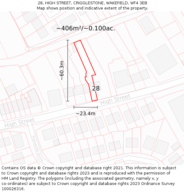28, HIGH STREET, CRIGGLESTONE, WAKEFIELD, WF4 3EB: Plot and title map