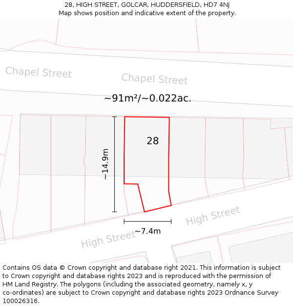 28, HIGH STREET, GOLCAR, HUDDERSFIELD, HD7 4NJ: Plot and title map