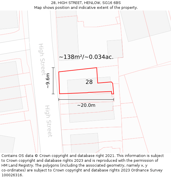 28, HIGH STREET, HENLOW, SG16 6BS: Plot and title map