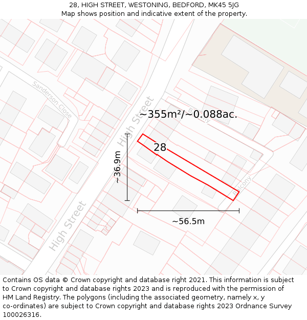 28, HIGH STREET, WESTONING, BEDFORD, MK45 5JG: Plot and title map