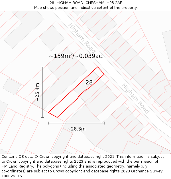 28, HIGHAM ROAD, CHESHAM, HP5 2AF: Plot and title map