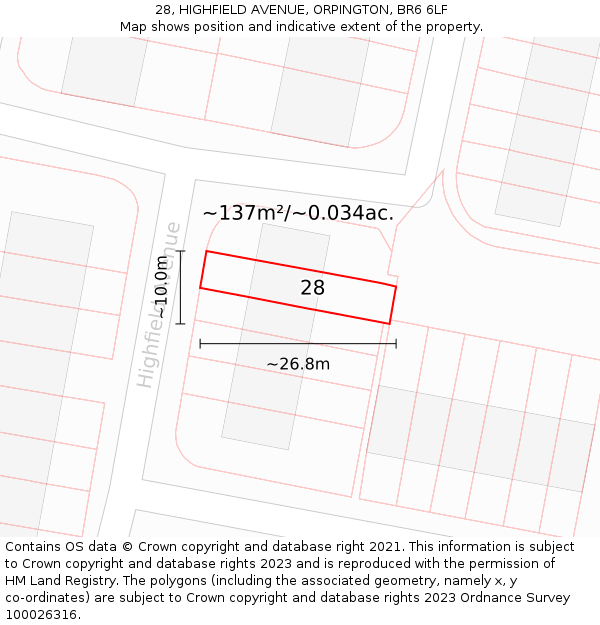 28, HIGHFIELD AVENUE, ORPINGTON, BR6 6LF: Plot and title map