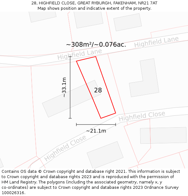 28, HIGHFIELD CLOSE, GREAT RYBURGH, FAKENHAM, NR21 7AT: Plot and title map