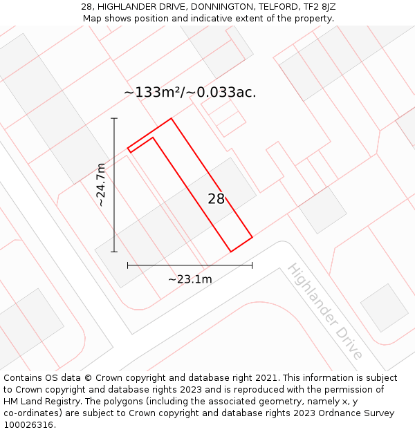 28, HIGHLANDER DRIVE, DONNINGTON, TELFORD, TF2 8JZ: Plot and title map