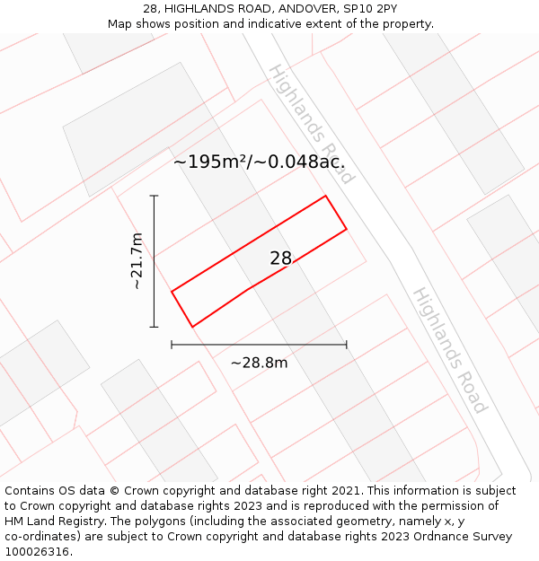 28, HIGHLANDS ROAD, ANDOVER, SP10 2PY: Plot and title map
