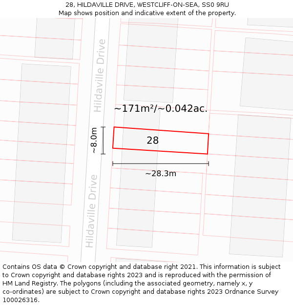 28, HILDAVILLE DRIVE, WESTCLIFF-ON-SEA, SS0 9RU: Plot and title map