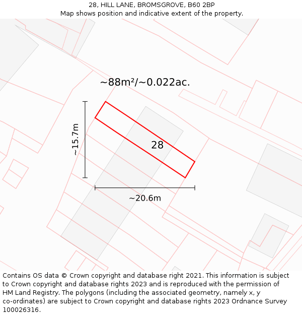 28, HILL LANE, BROMSGROVE, B60 2BP: Plot and title map