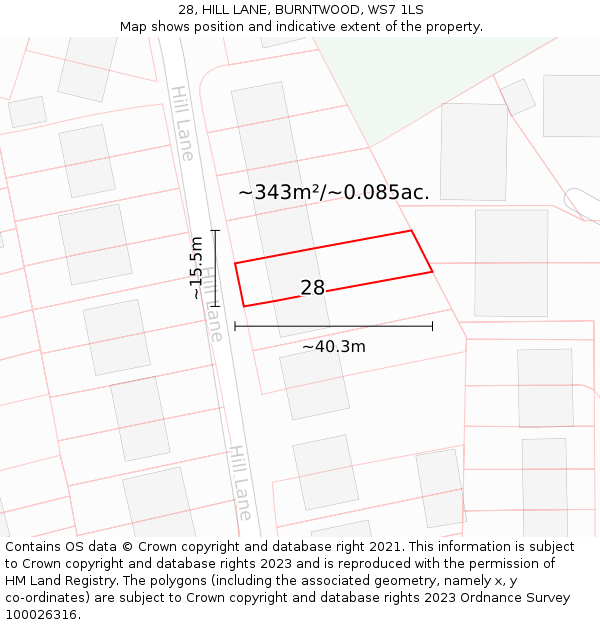 28, HILL LANE, BURNTWOOD, WS7 1LS: Plot and title map