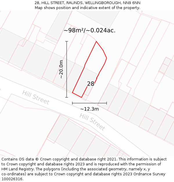 28, HILL STREET, RAUNDS, WELLINGBOROUGH, NN9 6NN: Plot and title map