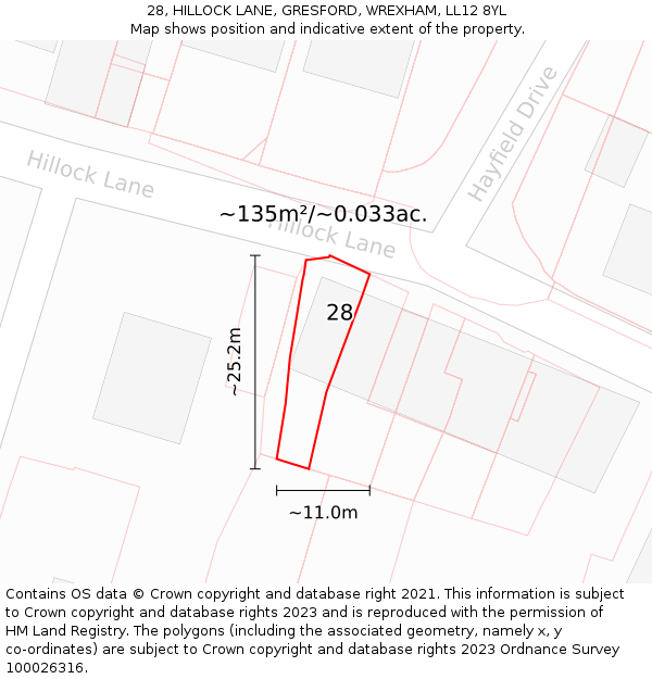 28, HILLOCK LANE, GRESFORD, WREXHAM, LL12 8YL: Plot and title map
