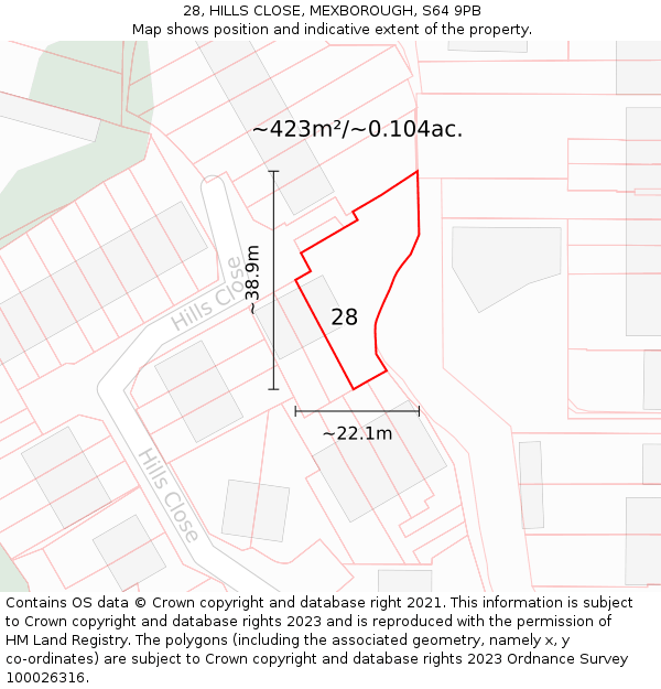 28, HILLS CLOSE, MEXBOROUGH, S64 9PB: Plot and title map