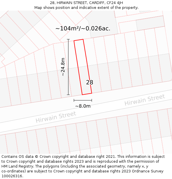 28, HIRWAIN STREET, CARDIFF, CF24 4JH: Plot and title map