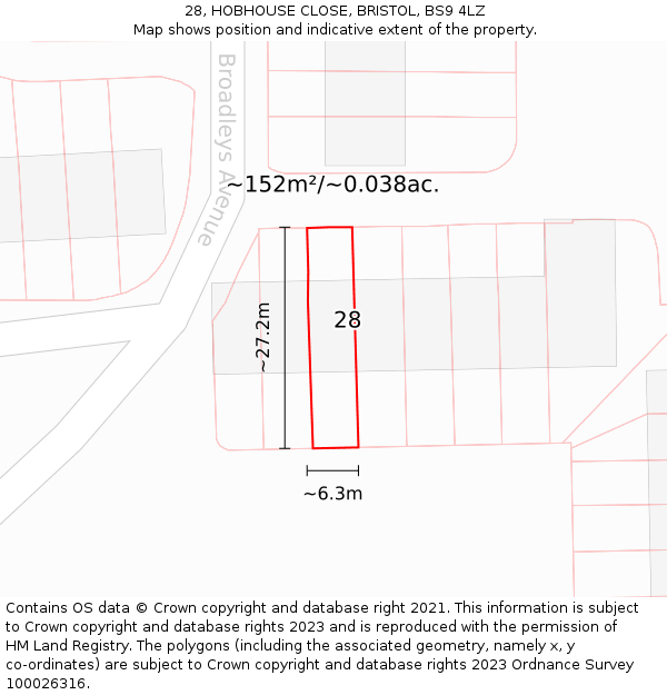 28, HOBHOUSE CLOSE, BRISTOL, BS9 4LZ: Plot and title map