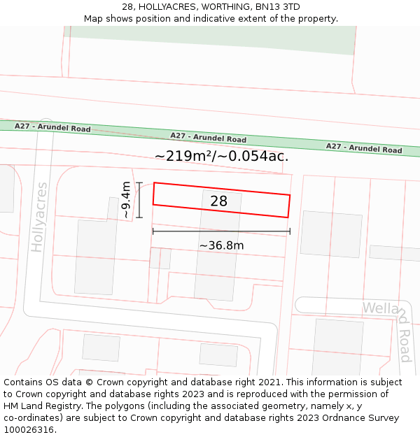 28, HOLLYACRES, WORTHING, BN13 3TD: Plot and title map
