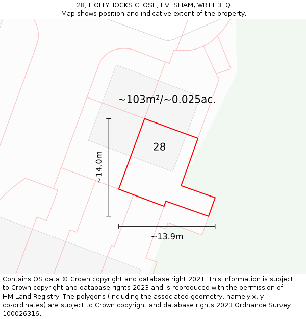 28, HOLLYHOCKS CLOSE, EVESHAM, WR11 3EQ: Plot and title map