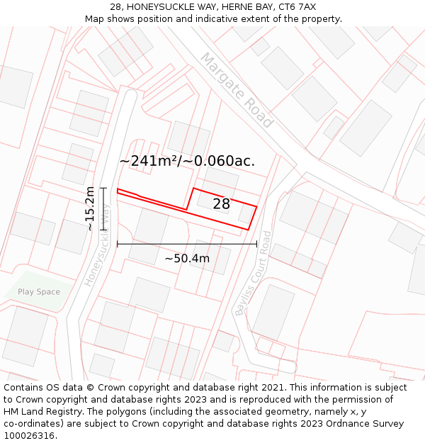 28, HONEYSUCKLE WAY, HERNE BAY, CT6 7AX: Plot and title map