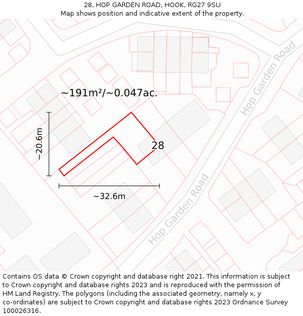 28, HOP GARDEN ROAD, HOOK, RG27 9SU: Plot and title map